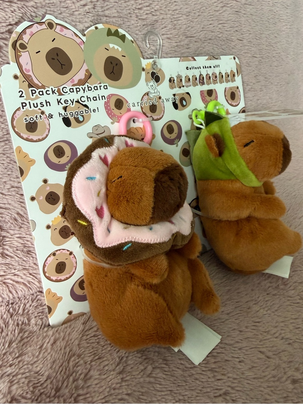🍩 Capybara Plush Key Chain Purse Charm 2-Pack - Pink Donut & Green Dinosaur